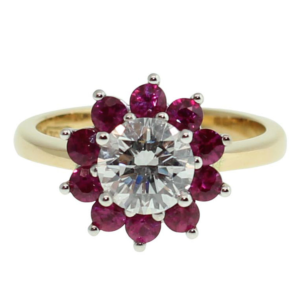 18CT YELLOW GOLD HANDMADE 1CT DIAMOND & .72CT RUBY